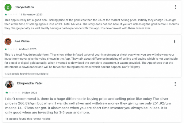Three Play Store reviews describing confusion about Gullak’s buy and sell prices