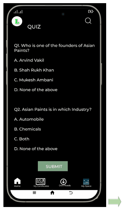 Quiz screen in the certification workflow