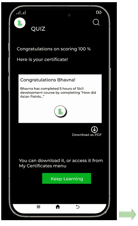 Quiz result in the certification workflow