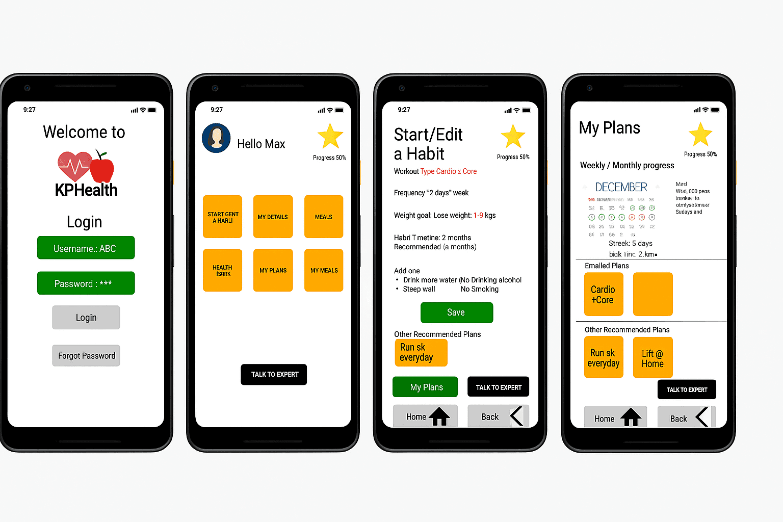 KPHealth mobile screens showing onboarding, habits, and health plans