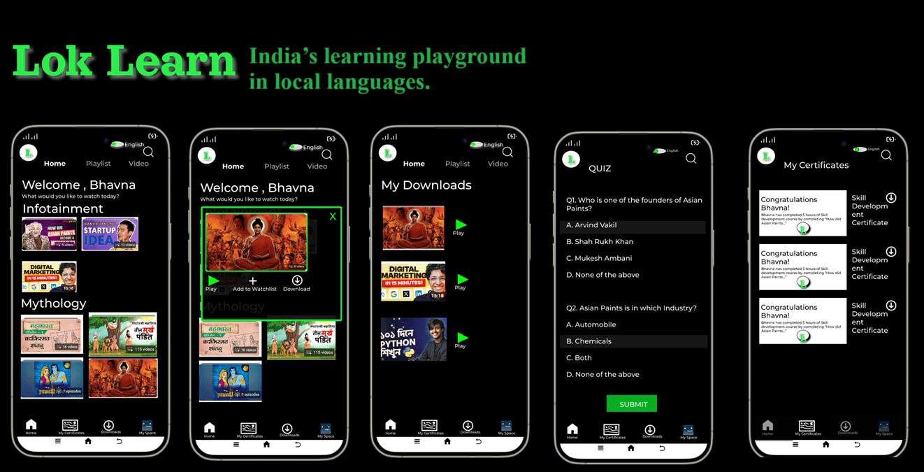 Lok Learn mobile screens for regional-language learning and entertainment